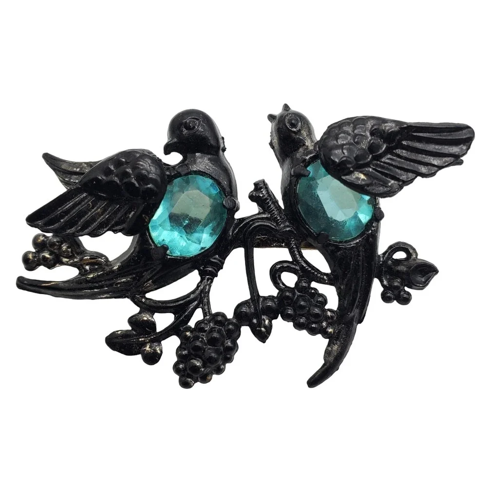 Vintage Bird Brooch Aqua Blue Acrylic Belly Early Plastic Pin 1940s Lovebirds